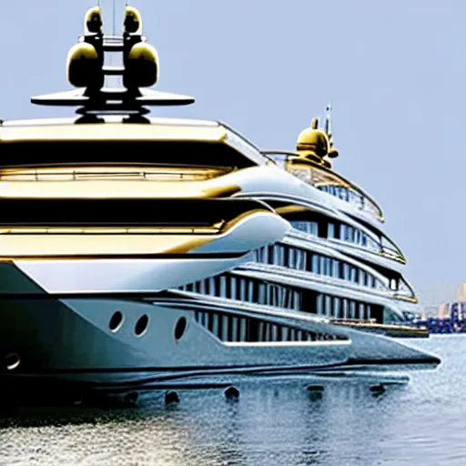 Image similar to wrinkled hunchbacked old butler polishing the side of a gold plated mega yacht