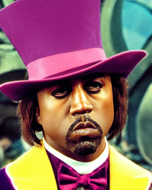 Image similar to film still close - up shot of kanye west as willy wonka from the 1 9 7 1 movie willy wonka & the chocolate factory. photographic, photography