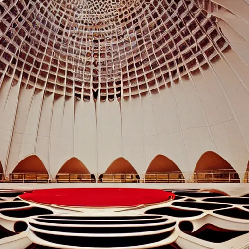 Image similar to interior of a futuristic lotus temple with gold, red and white marble panels, in the desert, by buckminster fuller and syd mead, intricate contemporary architecture, photo journalism, photography, cinematic, national geographic photoshoot