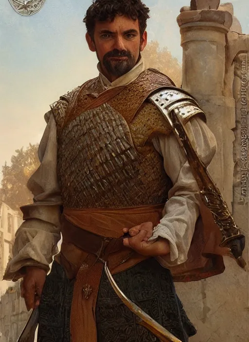 Image similar to portrait of provencal le gaulois in kaamelott played by frank pitiot, highly detailed, 3 5 mm photo, artstation, concept art, sharp focus, 2 8 mm macro photo, art by artgerm and greg rutkowski and alphonse mucha, award winning art, royal