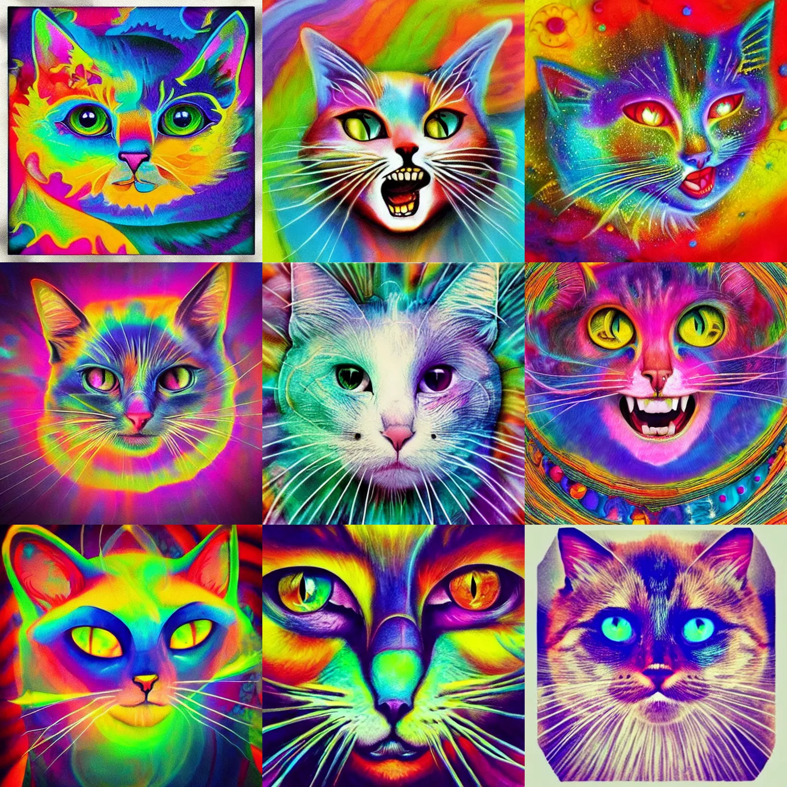 Prompt: “ethereal mystical cat friendly big grin colorful detailed surrealism”