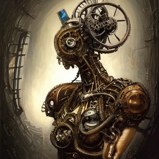 Image similar to low angle shot of a steampunk cyborg by clive barker, intricate, elegant, highly detailed, centered, digital painting, artstation, concept art, smooth, sharp focus, illustration, artgerm, Tomasz Alen Kopera, Peter Mohrbacher donato giancola, Joseph Christian Leyendecker, WLOP, Boris Vallejo.