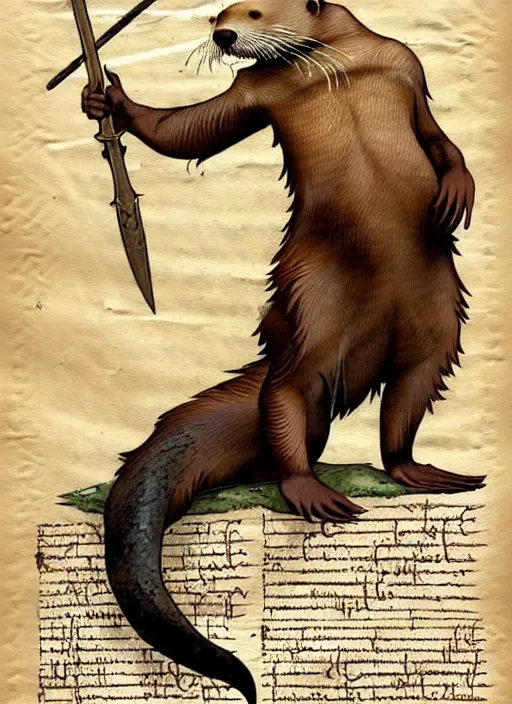 Image similar to a heroic otter scout with spear on a parchment background, redwall, greg rutowski and jean baptiste monge, detailed, epic fantasy concept art