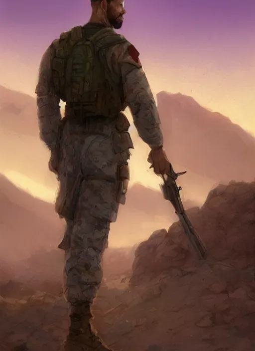 Image similar to purple scene lighting, detailed character portrait concept art, white male, strong muscular mature, soldier with beard, short hair, in a soldier uniform, desert with city in the background, sharp focus, illustration, highly detailed, digital painting, concept art, matte, art by wlop and artgerm and greg rutkowski, masterpiece