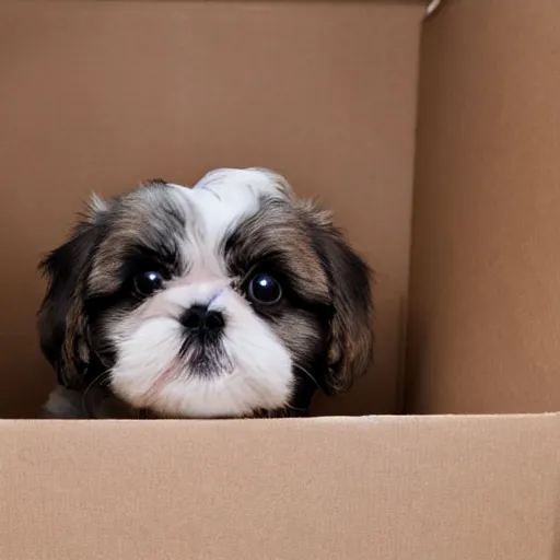 Prompt: cute shih tzu puppy in a cardboard box