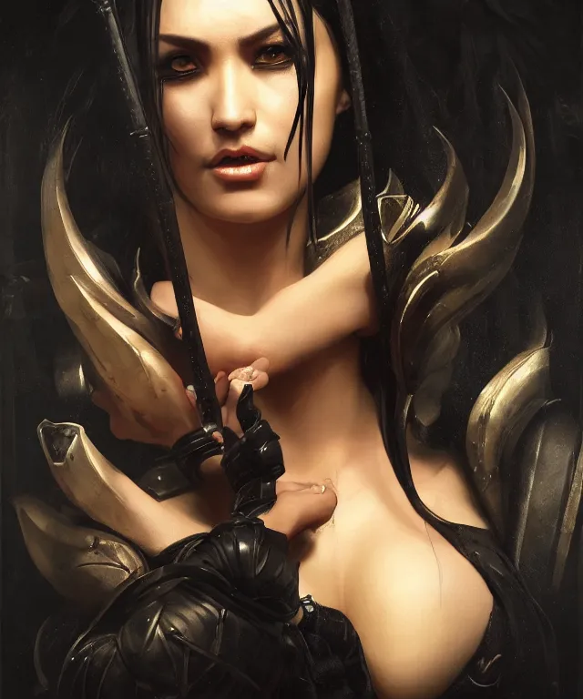 Image similar to the portrait of ( ( ( ( ( akali from league of legends ) ) ) ) ) in black wax crown by roberto ferri, dark fantasy, witcher, very detailed oil painting, masterpiece, 8 k