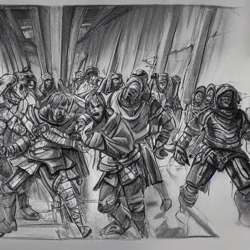 Image similar to highly detailed realistic sketch of The Hague members yelling at a cyborg samurai, fear and anger in their eyes, award winning , masterpiece on a scroll , post-processing