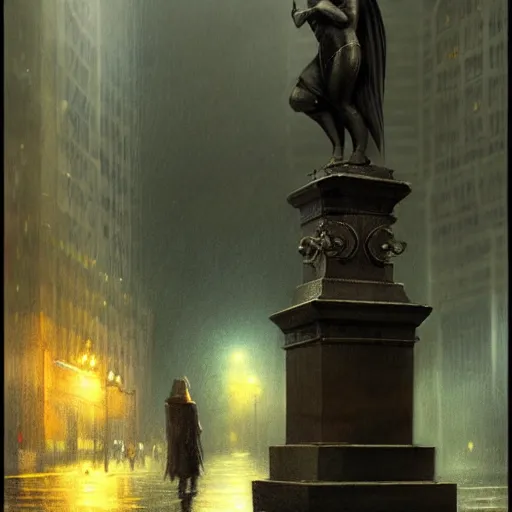 Image similar to a centerpiece statue stands in gotham city, night, wet pavement, street level view, light mist, fantasy, intricate, elegant, digital painting, trending on artstation, concept art, soft focus, illustration by greg rutkowski, edward hopper, 4 k.