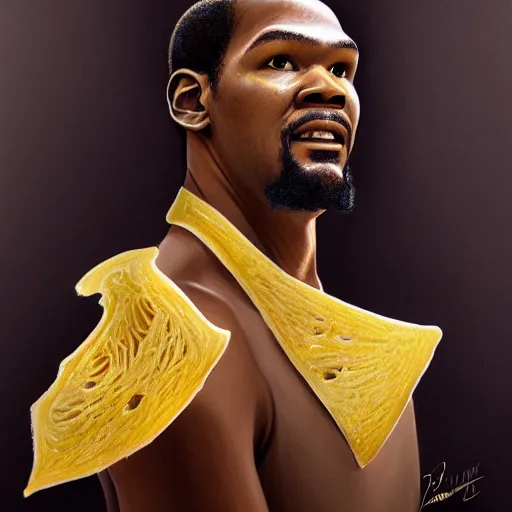 Image similar to portrait of kevin durant with legs made from cheese, ethereal, handsome, d & d, fantasy, intricate, elegant, highly detailed, digital painting, artstation, concept art, matte, sharp focus, illustration, art by artgerm and greg rutkowski and alphonse mucha