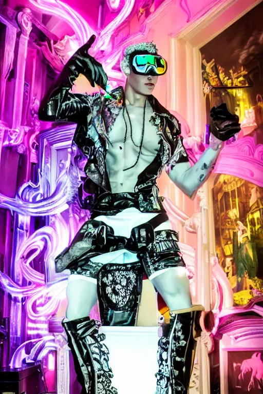 Image similar to full-body rococo and cyberpunk style neon statue of a muscular attractive Sean Mendezz wearing cholo shades macho dotado e rico android sim roupa reclining con las piernas abertas e la piroca dura, ethereal white dripping tar, glowing orange lasers, pink tigers, glowing eyes, silver prince crown, black gears, pink diamonds, swirling mint-colored silk fabric. futuristic elements. full-length view. human skulls. large intricate artwork by caravaggio. Trending on artstation, octane render, cinematic lighting from the right, hyper realism, octane render, 8k, depth of field, 3D