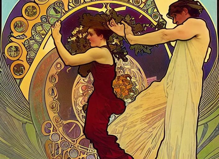 Prompt: joe band performing a thousand hands dance, alphonse mucha, 8 k