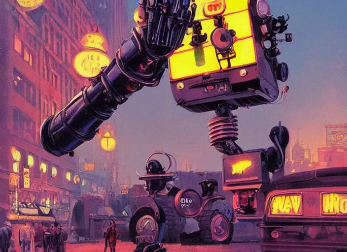 Image similar to ultra wide vintage 5 0 s robot with a claw - arm, bright coloured lights, fluid, smooth, organic, crazy, high contrast, sharpness, dramatic, by greg rutkowski and siudmak and richard corben and moebius