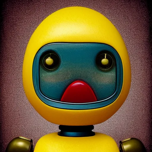 Prompt: closeup portrait of tin toy retro robot yellow duck, depth of field, red zeiss lens, detailed, centered, fashion photoshoot, by nicoletta ceccoli, mark ryden, lostfish, extremely detailed, artistic, hyperrealistic, octane render