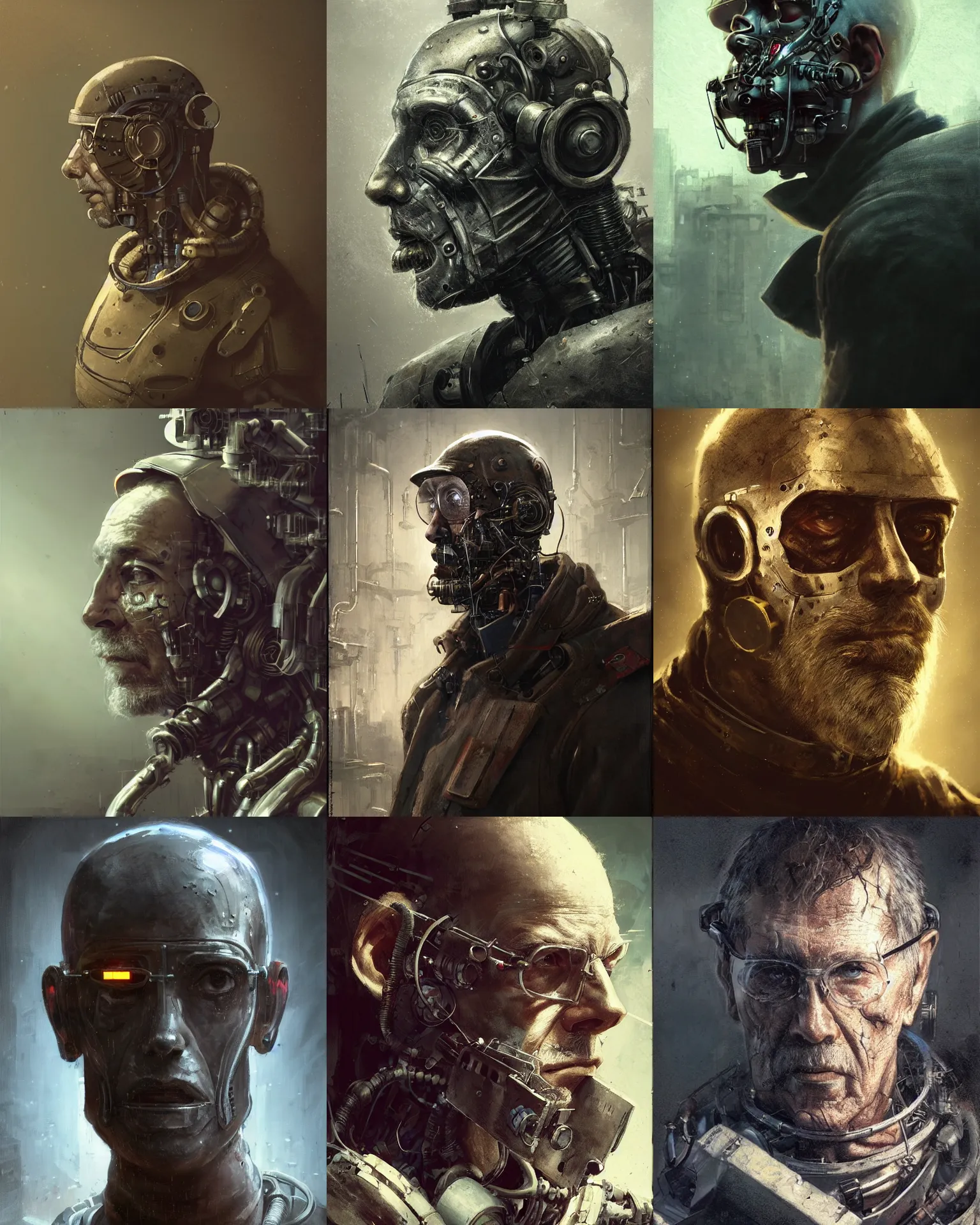 Image similar to a half - masked rugged old laboratory engineer man with cybernetic enhancements as seen from a distance, scifi character portrait by greg rutkowski, esuthio, craig mullins, 1 / 4 headshot, cinematic lighting, dystopian scifi gear, gloomy, profile picture, mechanical, half robot, implants, steampunk