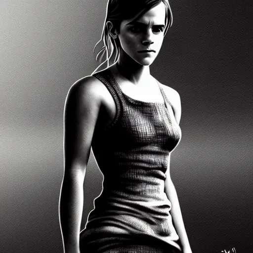 Prompt: Emma Watson in a dystopian fantasy scenario, artstation, concept art, sharp focus, illustration in pen an ink, full body view, extremely detailed, extremely complex, black and white, art by  Makoto Yukimura