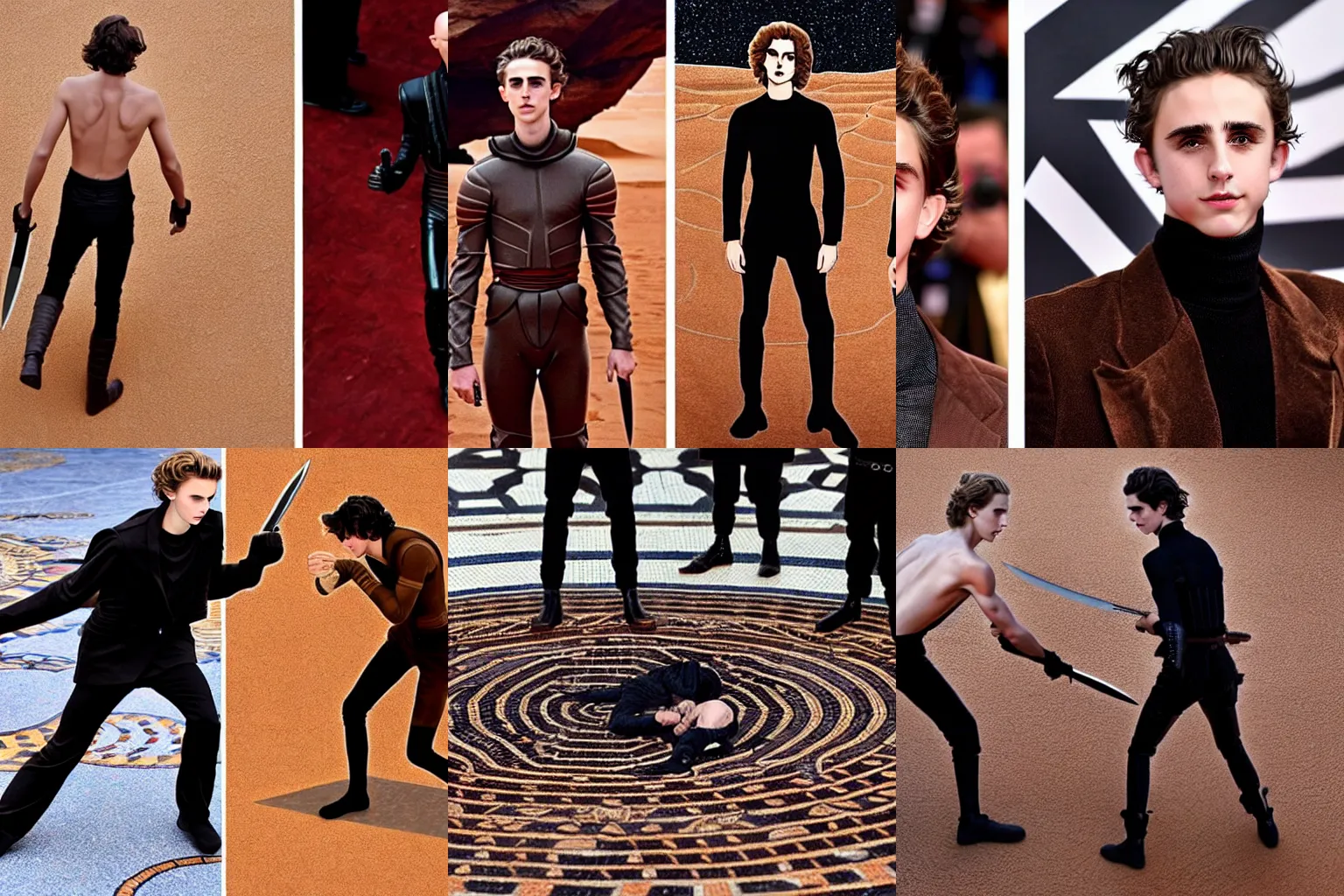 Prompt: knife-fight duel between bald_hairless_Austin_Butler-dressed-in-black versus Timothee_Chalamet_dressed-in-brown-felt, on a mosaic floor, inspired by Dune 2020, detailed faces