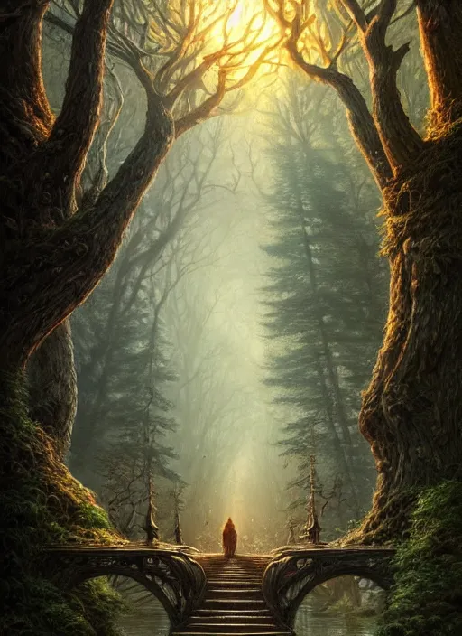 Image similar to book cover!!!!!!!!!!!!, old bridge, fantasy forest landscape, fantasy magic, light night, intricate, elegant, sharp focus, illustration, highly detailed, digital painting, concept art, matte, art by wlop and artgerm and ivan shishkin and andrey shishkin, masterpiece