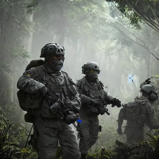 Image similar to Mercenary Special Forces soldiers in light grey uniforms with black armored vest and helmet escorting a VIP in the jungles of Tanoa, combat photography by Feng Zhu, highly detailed, excellent composition, cinematic concept art, dramatic lighting, trending on ArtStation