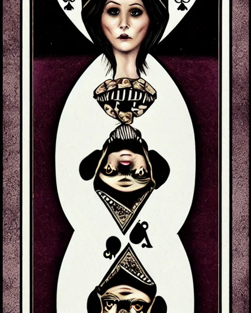 Image similar to queen of spades playing card in the style of tom bagshaw, symmetry