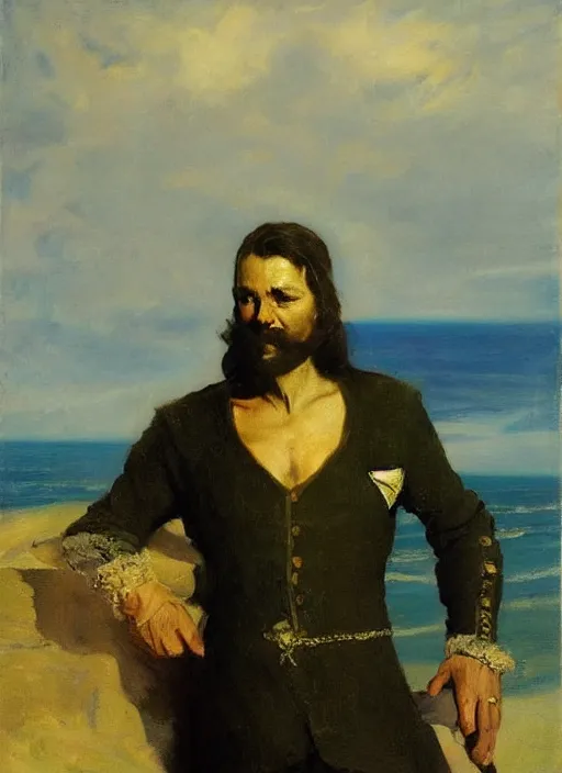 Prompt: portrait of confident nobleman by the sea, handsome! coherent! by mariusz lewandowski, by frank frazetta, vibrant color, strong line, minimalism, high contrast