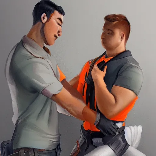 Image similar to goose being zipped - up by man in orange shirt, artstation