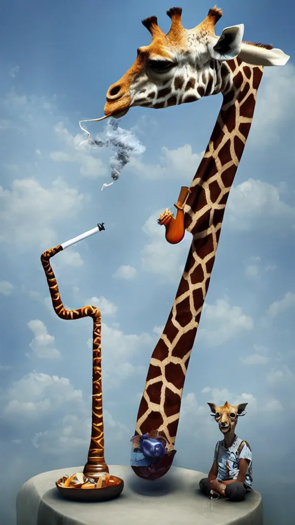 Prompt: giraffe smoking a pipe, surrealist painting by igor morski, gediminas pranckevicius, beeple, ornament, porcelain, super - resolution, soft lighting, ray tracing global illumination, in a symbolic and meaningful style