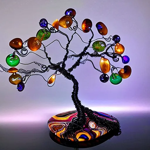 Prompt: intricate wire tree windswept and wing shaped with agate accents, delicate, magnificent design, masterpiece, colorful, surreal, elaborate, dramatic lighting