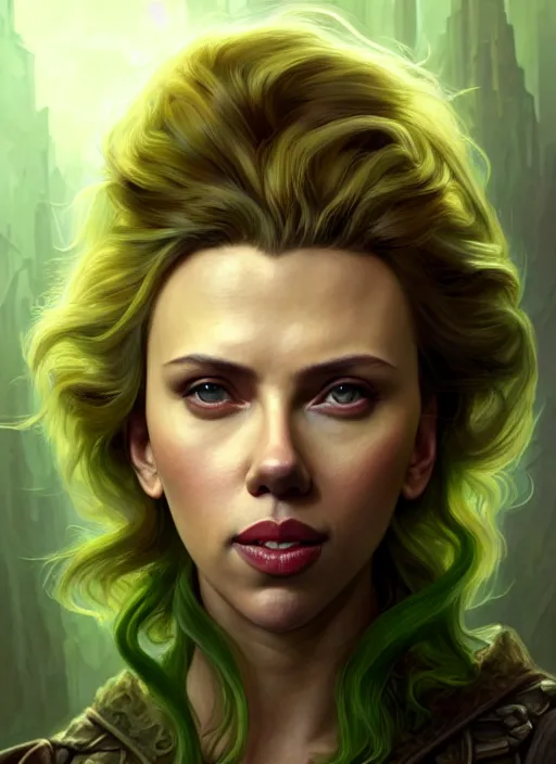 Prompt: portrait of scarlett johansson as a goblin, d & d, muscular! green, fantasy, intricate, elegant, highly detailed, digital painting, artstation, concept art, smooth, sharp focus, illustration, art by artgerm and greg rutkowski and alphonse mucha