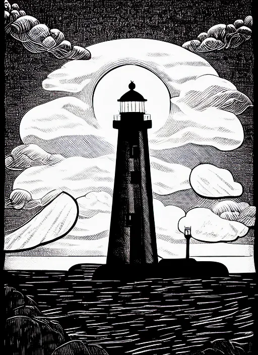 Prompt: art by allie webb, black ink linocut print of lighthouse with cloudy sky, 8 k, frostbite 3 engine, cryengine, ground level shot, dof, trending on artstation, digital art, crepuscular ray