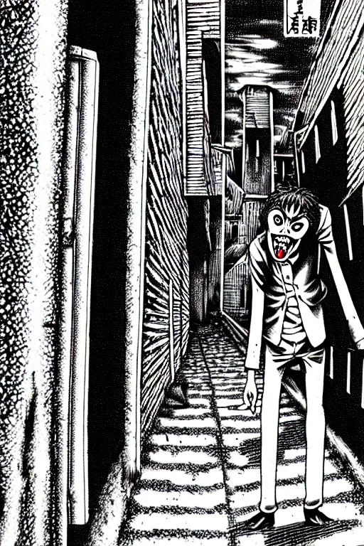 Image similar to junji ito man going mad in an alley