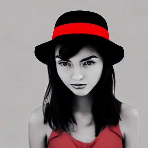 Image similar to elegant intelligent teenage girl in a black hat with red strip, digital art, gray scale, anime style
