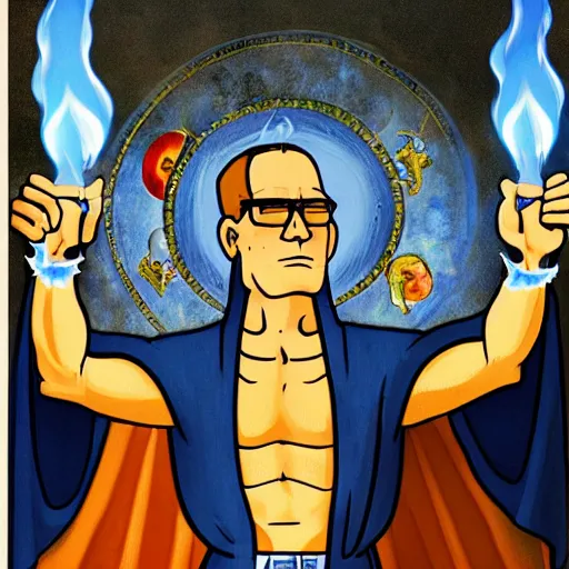 Prompt: hank hill as the saint of propane, white tshirt, blue jeans, surrounded by blue fire, surrounded by blue flames, renaissance religious painting, late gothic religious paintings, byzantine religious art, trending on artstation