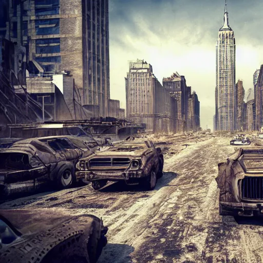 Prompt: deserted new york city, mad max artwork, digital art, hyperdetailed, artstation, cgsociety, 8 k