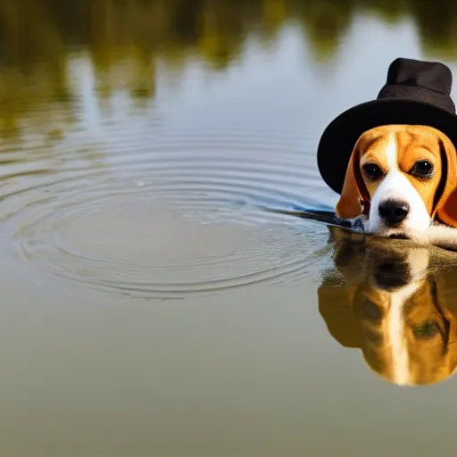 Prompt: beagle wearing a hat in front of a lake, realistic, high definition