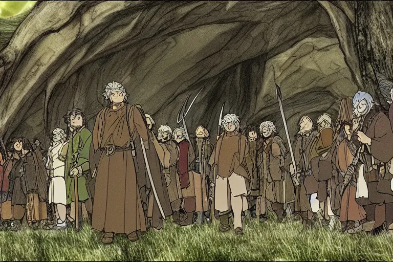 Prompt: tonemapped the fellowship of the ring!! by studio ghibli, highly detailed,