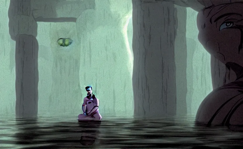 Prompt: a cell - shaded cartoon movie still from princess mononoke ( 1 9 9 7 ) of a giant monk in a grey robe meditating in lotus position in a flooded stonehenge with shafts of sunlight from above. very dull muted colors, hd, 4 k, hq