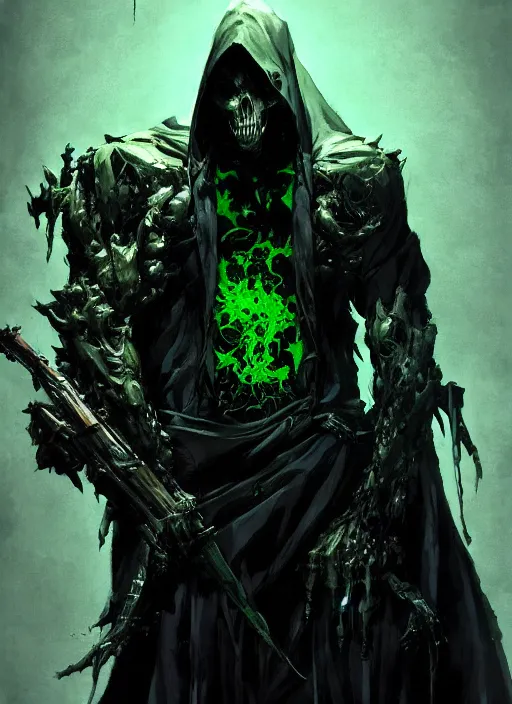 Prompt: Reaper, rotting commander of the undead in soiled green hooded robe. In style of Yoji Shinkawa and Hyung-tae Kim, trending on ArtStation, dark fantasy, great composition, concept art, highly detailed, dynamic pose.