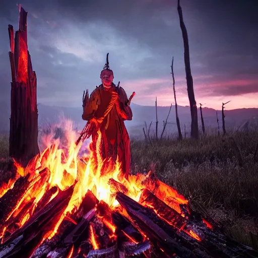 Prompt: shaman behind bonfire + twilight + hyper realistic + cinematic + art + 4 k + great view + high quality