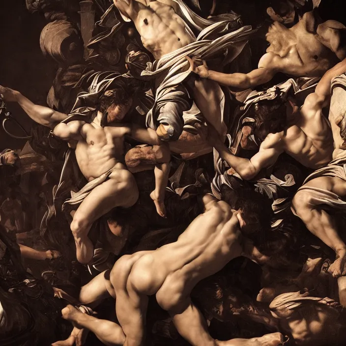 Image similar to war of the gods, dark undertones, baroque element. intricate artwork by caravaggio. trending on artstation, octane render, cinematic lighting, hyper realism, 8 k, depth of field, 3 d
