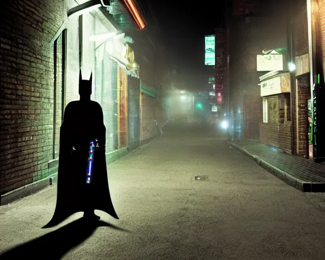 Image similar to a photograph of Batman holding a green lightsaber in a dark city alleyway at nighttime