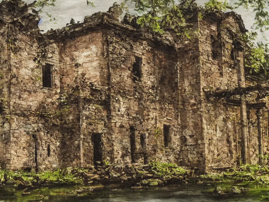 Image similar to A water painting of a dilapidated ancient castle building in the wood