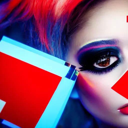 Prompt: A close-up of a beautiful girl with a surreal makeup reminding the swiss flag, octane render, bokeh, cyberpunk vibes, neons on the background