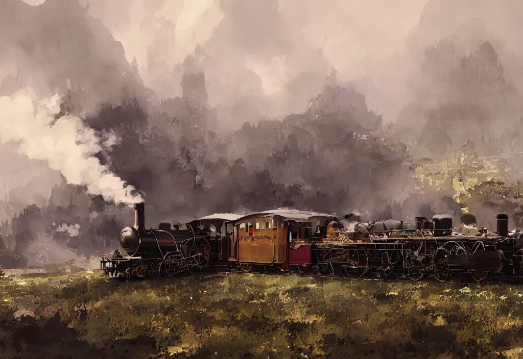 Image similar to a 1 9 th century steam train in a stunning landscape by ismail inceoglu, watercolor, line art, winning - award masterpiece, fantastic, octane render, 8 k hd resolution, high quality image