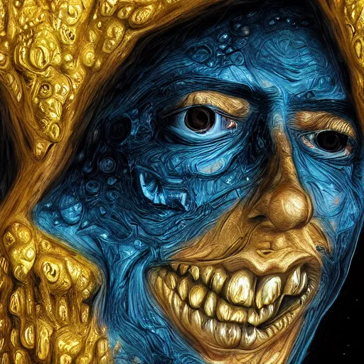 Image similar to jeff bezos sitting pile of gold scariest horror nightmare by junji ito, digital art, deepdream cosmic, 3 d high definition, trending on artstation, photorealistic, high resolution, 8 k, octane, hyper detailed, trending on deviantart insane details, intricate, elite, ornate, elegant trend, highly detailed and intricate, sharp focus, photography, unreal engine