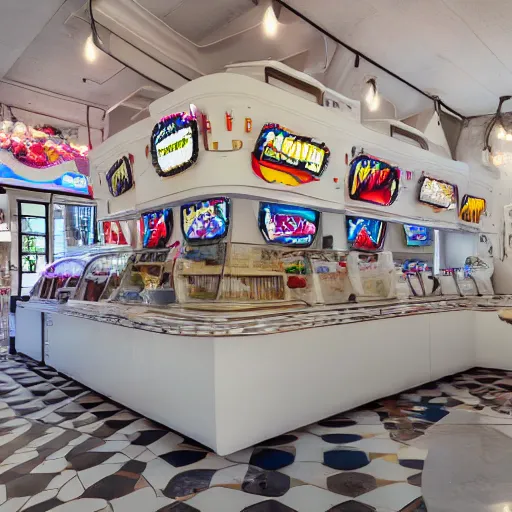 Prompt: photo of a white arcade / cafe interior, 8 0 s art on the tall white walls, wide angle shot 4 k hdr