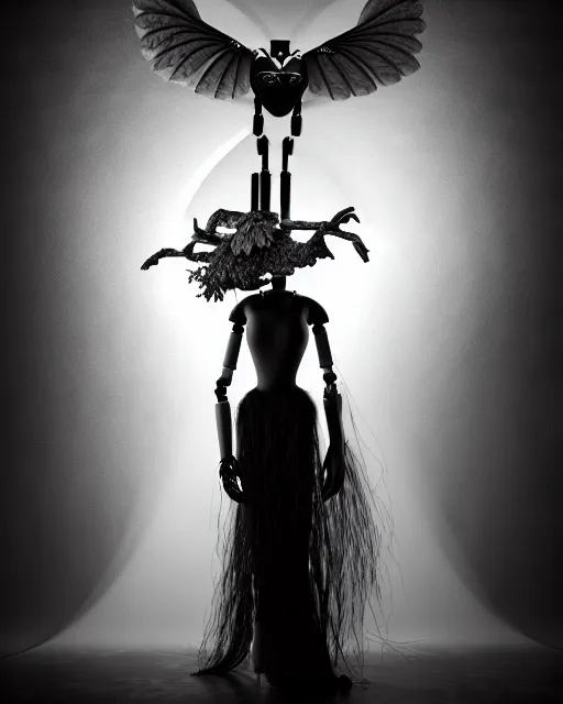 Image similar to surreal mythical dreamy dark artistic black and white fine art 3 / 4 fashion portrait photo of a young beautiful delicate female robot - witch - owl with orchid - doll face, rim light, cinematic, studio dramatic light, poetic, masterpiece, octane render, 8 k, photo - realistic by gustave dore hg giger