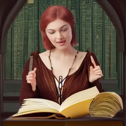 Image similar to 2 1 st century woman!!!! with a medieval book in her hand, 4 k, 8 k, photorealistic imagery