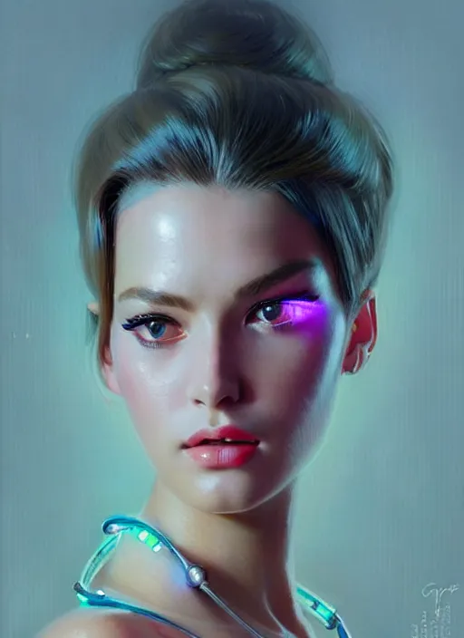 Image similar to photorealistic portrait of female humanoid, highly intricate, retro 6 0 s fashion, elegant, highly detailed, crispy quality and cyber neon light reflections, trending in artstation, trending in pinterest, glamor pose, concept art, sharp focus, art by artgerm and greg rutkowski