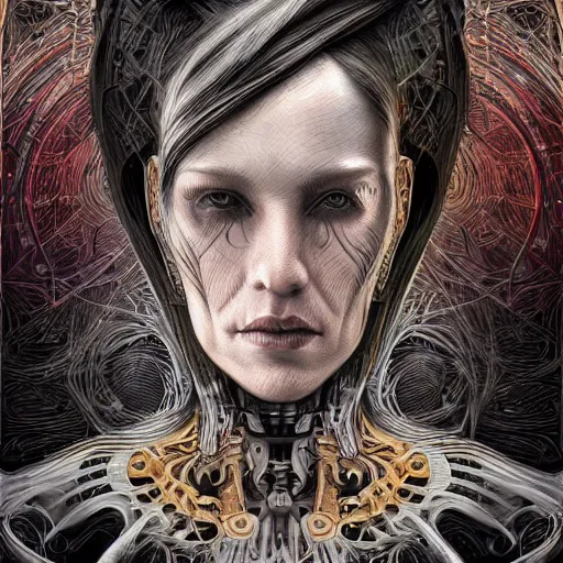 Prompt: a portrait of a woman with mechanical patterns by android jones and hr giger