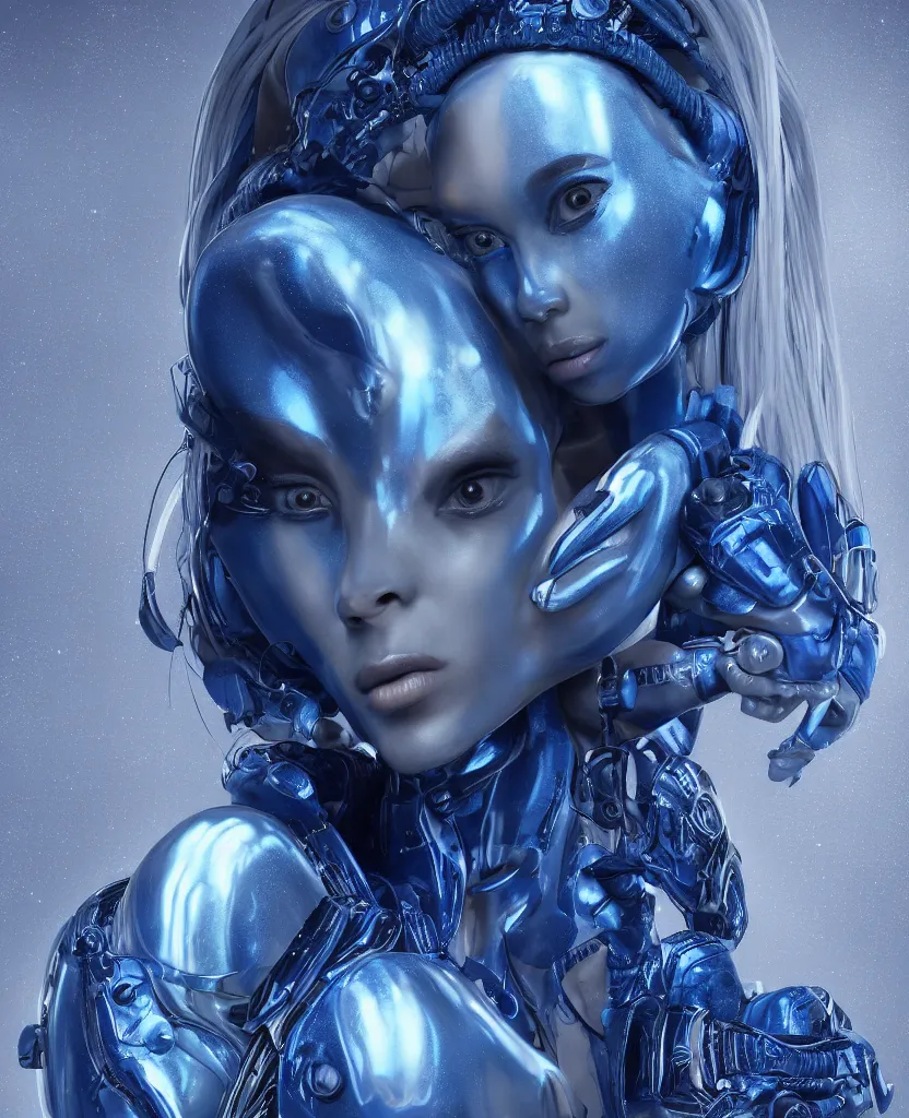 Prompt: beautiful, elegant, blue skinned alien female, large eyes, cute neotenous face, box braids hair, specular reflections, eye tattoo, bust portrait, synthetic full bodysuit armour, intricate details, farscape, cinematic, octane render, subsurface scattering, bloom, shadows, volumetric lighting